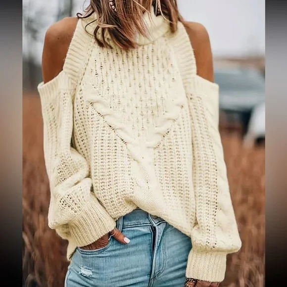 Turtleneck Cold Shoulder Casual Loose Long Sleeve Sweater - Picture 4 of 4